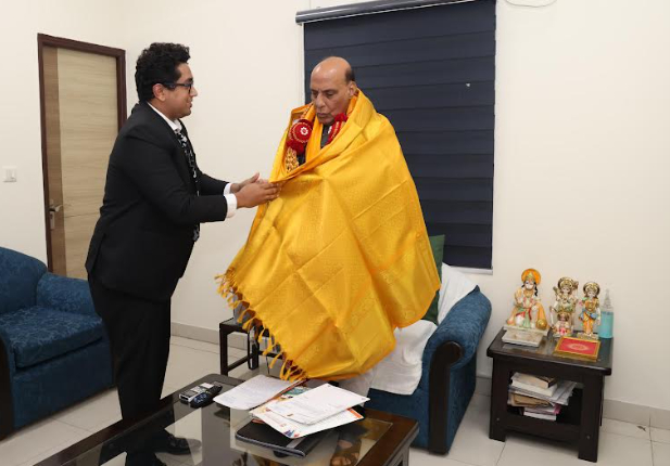 Garuda Aerospace CEO discusses the future of defence drone technology with Defence Minister Rajnath Singh Ji